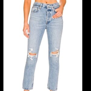 Agolde Riley High Rise Straight Crop Blitz Light Wash Distressed Knee Denim Jean
